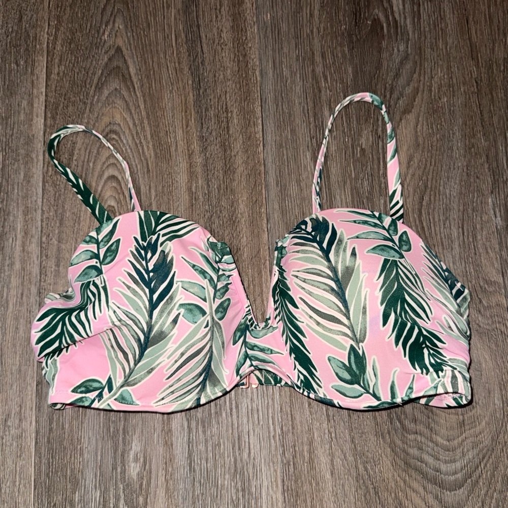 Pink and Green Leaf Print Bikini Top